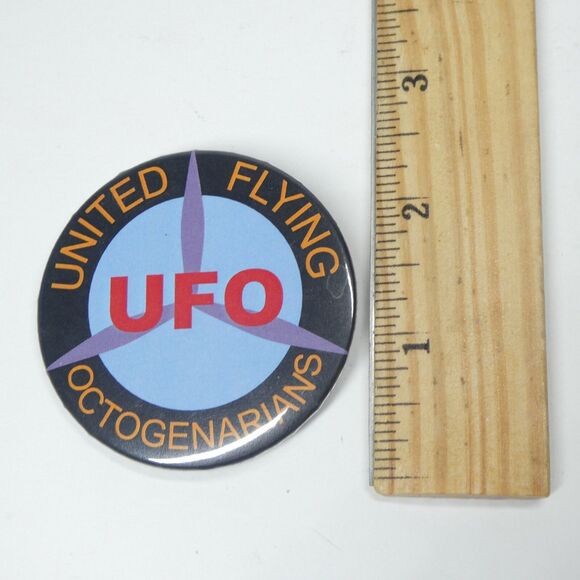 UFO United Flying Octogenarians Pinback Button 80s Pilot Vintage Pin - Picture 2 of 3